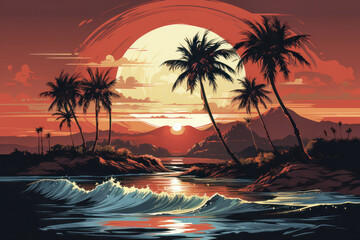 Tropical Sunset Landscape Illustration with Palms