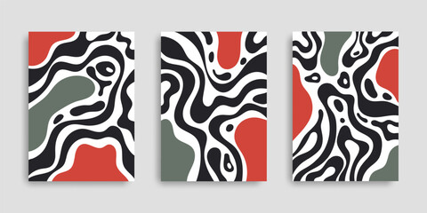 Set of abstract posters with fluid shapes. Cover collection. Backgrounds with wavy shapes. Wall art. Modern template. Vector illustration. Branding design for notebook, card, flyer, poster, banner.