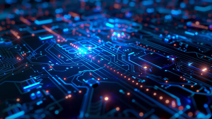 Obraz premium Abstract background with a blue glowing digital circuit board, depicting a technology and information exchange concept