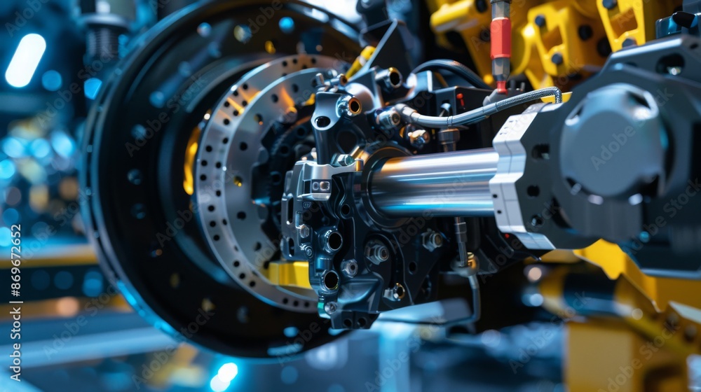 Poster A close-up view of a machines axle and brake system, showcasing the intricate details and functionality of the components.