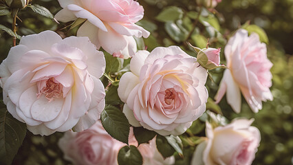 A bunch of pink flowers are in full bloom, with the sun shining brightly on them