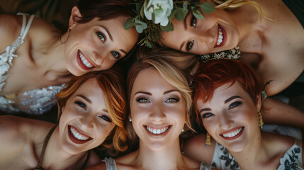 Obraz premium A group portrait of the bride and her bridesmaids with unique makeup looks that exude joy for their wedding.