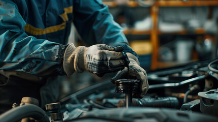 A mechanic wearing gloves performs an oil filter change in a well-equipped car repair shop.
