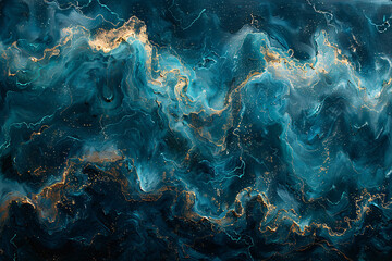 A mesmerizing, abstract surface of teal and dark blue marble with golden accents, resembling a...