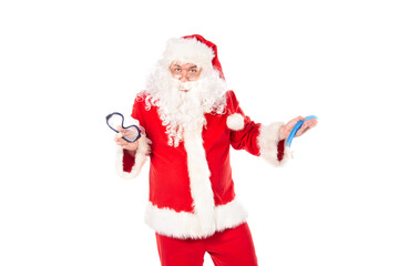 Summer and vacation. Funny Santa Claus with a mask and flippers. White background.
