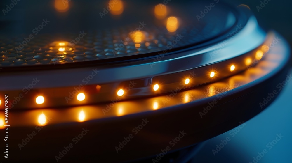 Poster a detail shot of the led lights on a smart weight scale indicating whether the users weight is withi