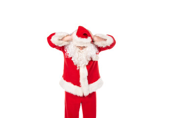 Summer and vacation. Funny Santa Claus dances and listens to music on headphones. White background.