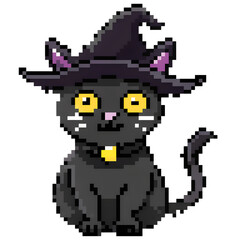 Fototapeta premium Pixel art black cat wearing a witch hat, perfect for Halloween-themed projects, websites, and digital artwork.