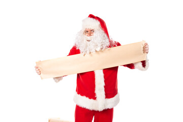 Funny Santa Claus reads mail with wishes. White background.