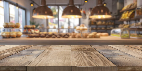 Empty, wooden surface on the background of a pastry shop, background blurred, advertising banner. Summer layout for design and product demonstration.