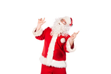 Summer and vacation. Funny Santa Claus dances and listens to music on headphones. White background.
