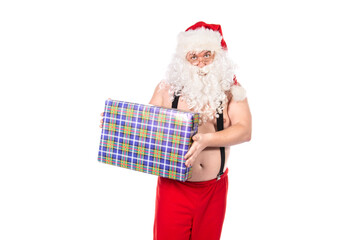 Funny fat Santa with gifts. White background.