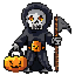 Obraz premium Pixel art of skeleton dressed as Grim Reaper holding Halloween pumpkin lantern and scythe, perfect for spooky seasonal designs.