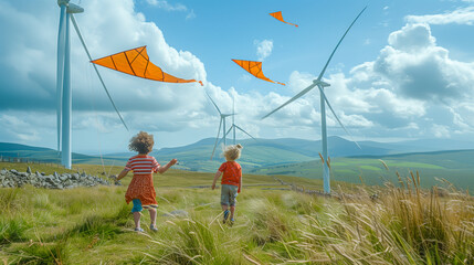 Kids flying orange kites near wind turbines on a sunny, windy day in scenic countryside