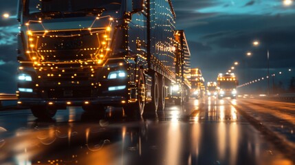 The scene is illuminated by the headlights of the vehicles and the streetlights