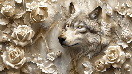 Beautiful wolf 3d relief wallpaper. Mural wallpaper. Wall art. AI generated illustration