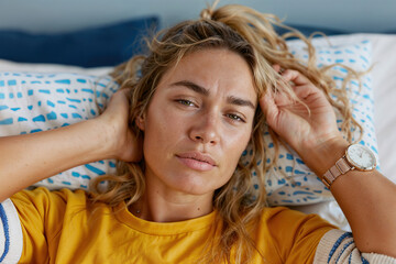 Fototapeta premium A woman lies in bed, her expression suggests she may be experiencing a health problem. Her hands are on her head, and she looks worried.