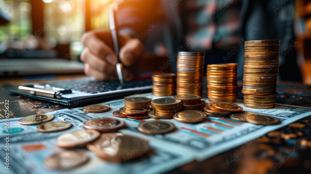 Poster close up of coins stacked on a desk with a person calculating in the background