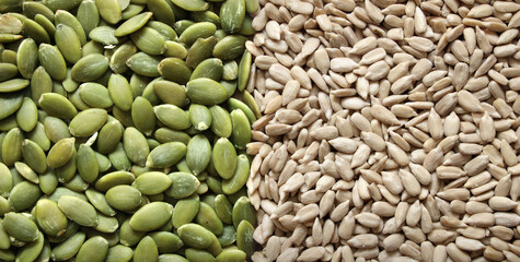 Creative layout made of pumpkin and sunflower seeds. Flat lay. Food concept. Seeds pattern concept. Macro image.