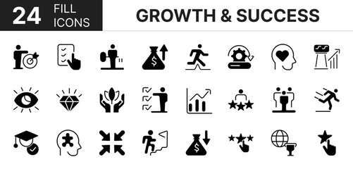 Collection of 24 Growth and success fill icons featuring editable strokes. These outline icons depict various modes of Growth and success, development, business, team, management, creative,