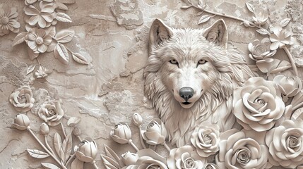 Beautiful wolf 3d relief wallpaper. Mural wallpaper. Wall art. AI generated illustration