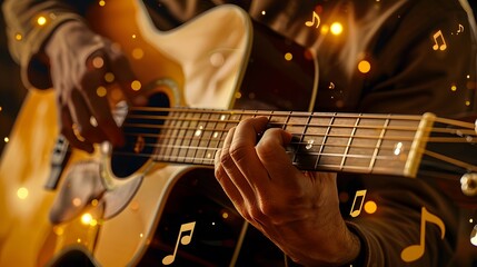 Obraz premium Playing the Guitar: Close-up of hands strumming the strings of an acoustic guitar, with musical notes around.