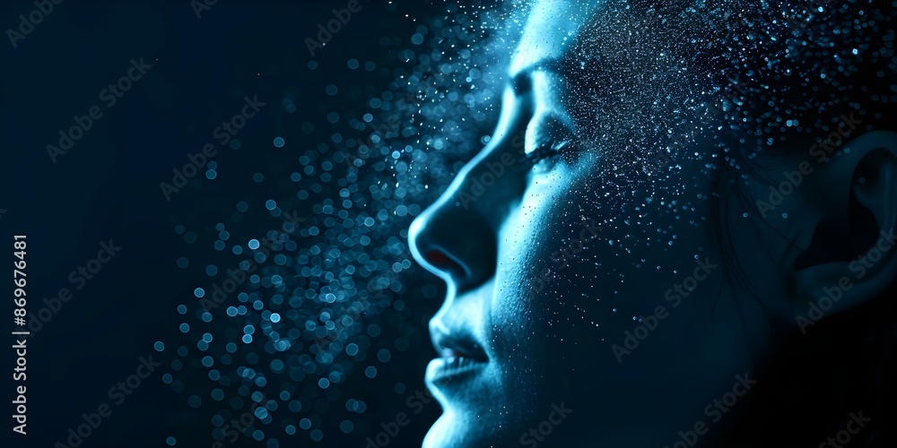 Poster profile of a calm avatar in ethereal form floating in a starry digital space. concept digital art, a