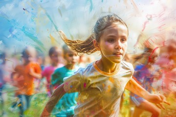 Children participating in a summer sports day event, energy concept, focus on, back to school theme, dynamic, blend mode, sports field backdrop