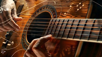 Playing the Guitar: Close-up of hands strumming the strings of an acoustic guitar, with musical...