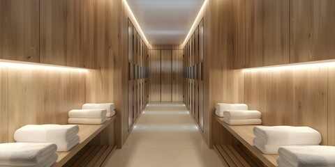 Fototapeta premium Luxurious Athleisure Brands Tennis-Inspired Chic Locker Room 3D Mockup with High-End Amenities. Concept Luxurious Athleisure Brands, Tennis-Inspired Chic, Locker Room 3D Mockup, High-End Amenities
