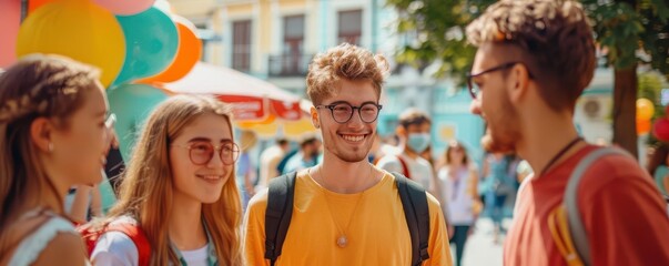 Group of university students setting up a summer club fair, engagement concept, focus on, extracurricular theme, vibrant, blend mode, club fair backdrop