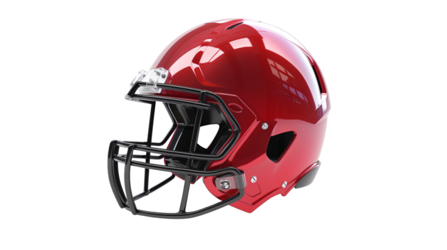 Close-up of a red American football helmet with a black faceguard, isolated on a white background. Sport equipment for player protection.