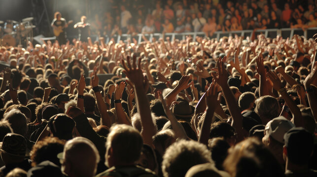 crowd of people on the concert having fun; clapping people with hands in the air
