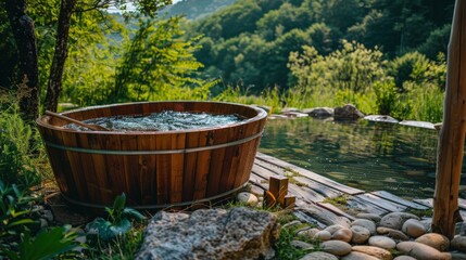 Fototapeta premium Outdoor bathing scene in a rustic wooden tub, surrounded by nature and tranquil scenery