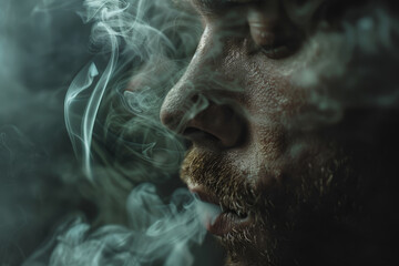 A man is smoking a cigarette and the smoke is filling his face