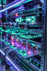 Naklejka premium Futuristic High-Performance Computing: Detailed Hardware and Software Interactions in 3D Model Style
