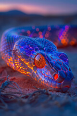 A bioluminescent serpent with glowing scales and eyes, slithering through a brightly lit alien desert,