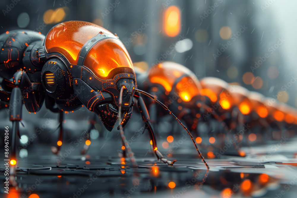 Poster a minimalistic yet futuristic ant colony with metallic structures and glowing infrastructure,