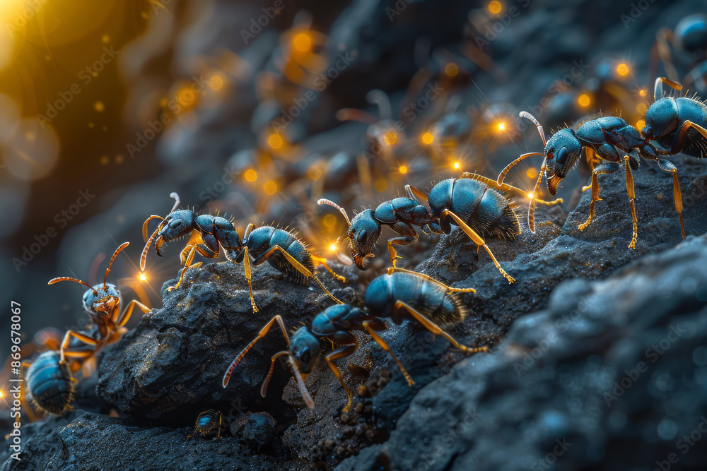 Poster a minimalistic yet futuristic ant colony with metallic structures and glowing infrastructure,