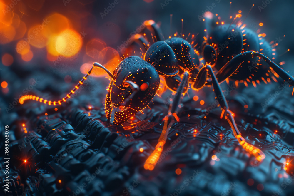 Poster a minimalistic yet futuristic ant colony with metallic structures and glowing infrastructure,