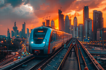 Naklejka premium Artistic depiction of a sleek, modern train gliding through a bustling cityscape at sunset, highlighting the urban aesthetic,
