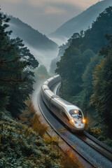 Artistic depiction of a high-speed train zipping through a scenic countryside, capturing the blend of technology and nature,