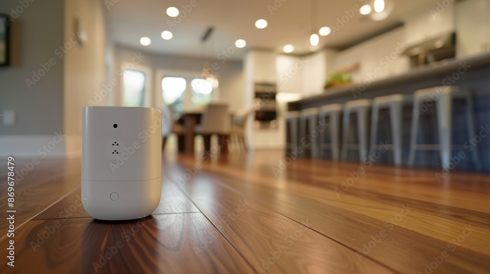 Poster an angled view of a smart plug in a modern home setting with a voicecontrolled virtual assistant in 