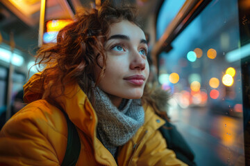Detailed image of a commuter enjoying free Wi-Fi in a stylish, modern tram with bright lighting,