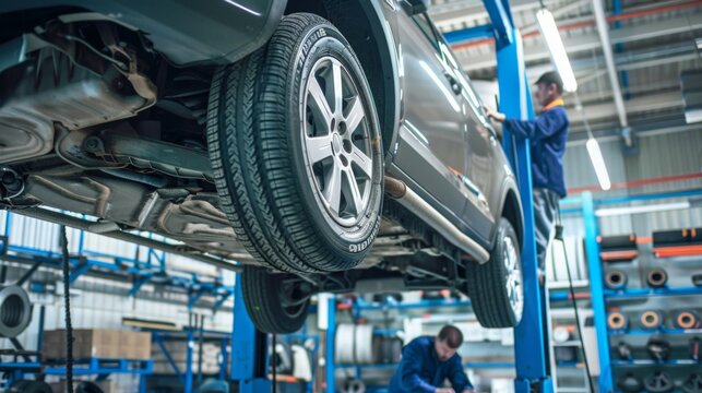 A car is lifted on a hydraulic lift in an automotive repair shop. A mechanic is inspecting the car.