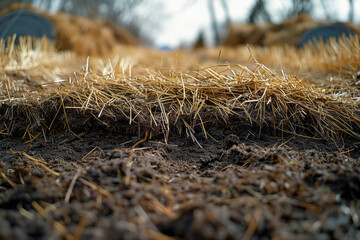 Fototapeta premium Macro shot of a lawn being dethatched, with thatch being removed from the grass surface,