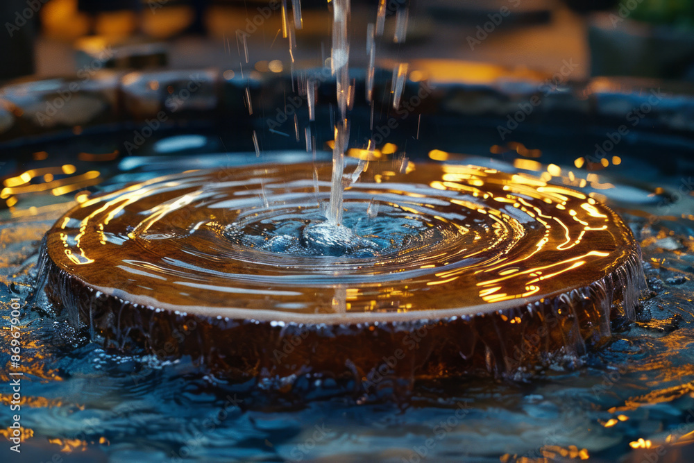 Poster a kinetic fountain with rotating elements that create intricate water patterns and reflections,