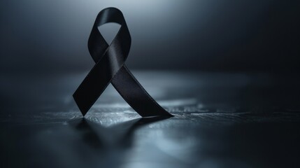 Black support ribbon on dark background banner with copy space. Funeral concept.