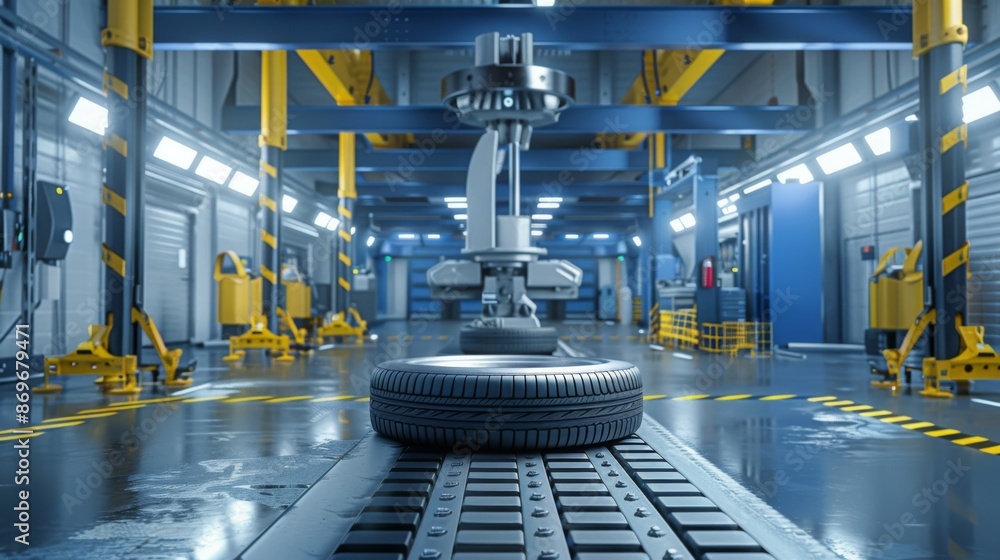 Poster A close-up of a tire on a conveyor belt in a factory setting. The tire is being tested for its performance and durability.
