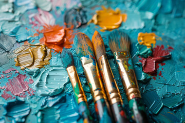 Obraz premium Macro view of paintbrushes and a palette covered in colorful paints, ready for a creative night,